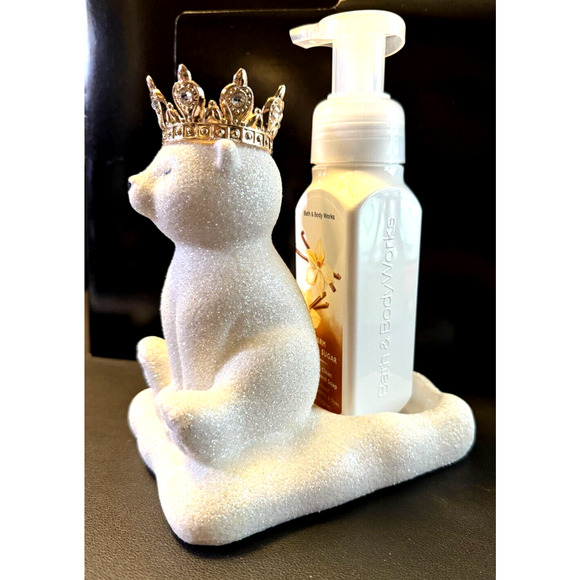 Bath and Body Works Ceramic Crowned Royal Glitter Polar Bear Soap Bottle Holder - Picture 3 of 6